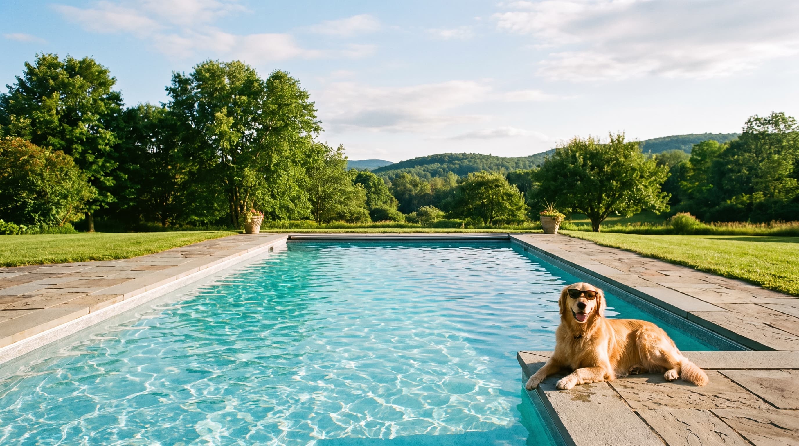 Sparkling backyard pool in the Binghamton area with a golden retriever lounging poolside