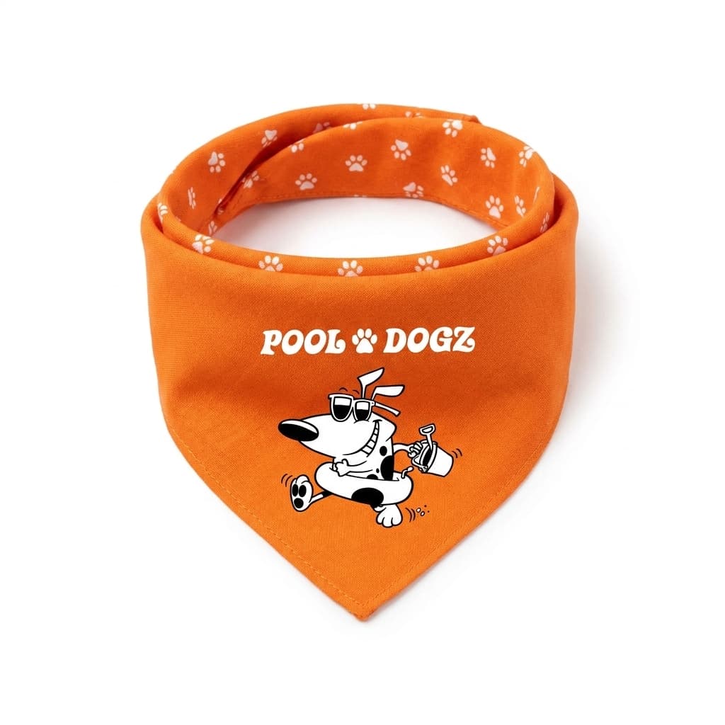 Orange dog bandana with paw prints and the Pool Dogz logo