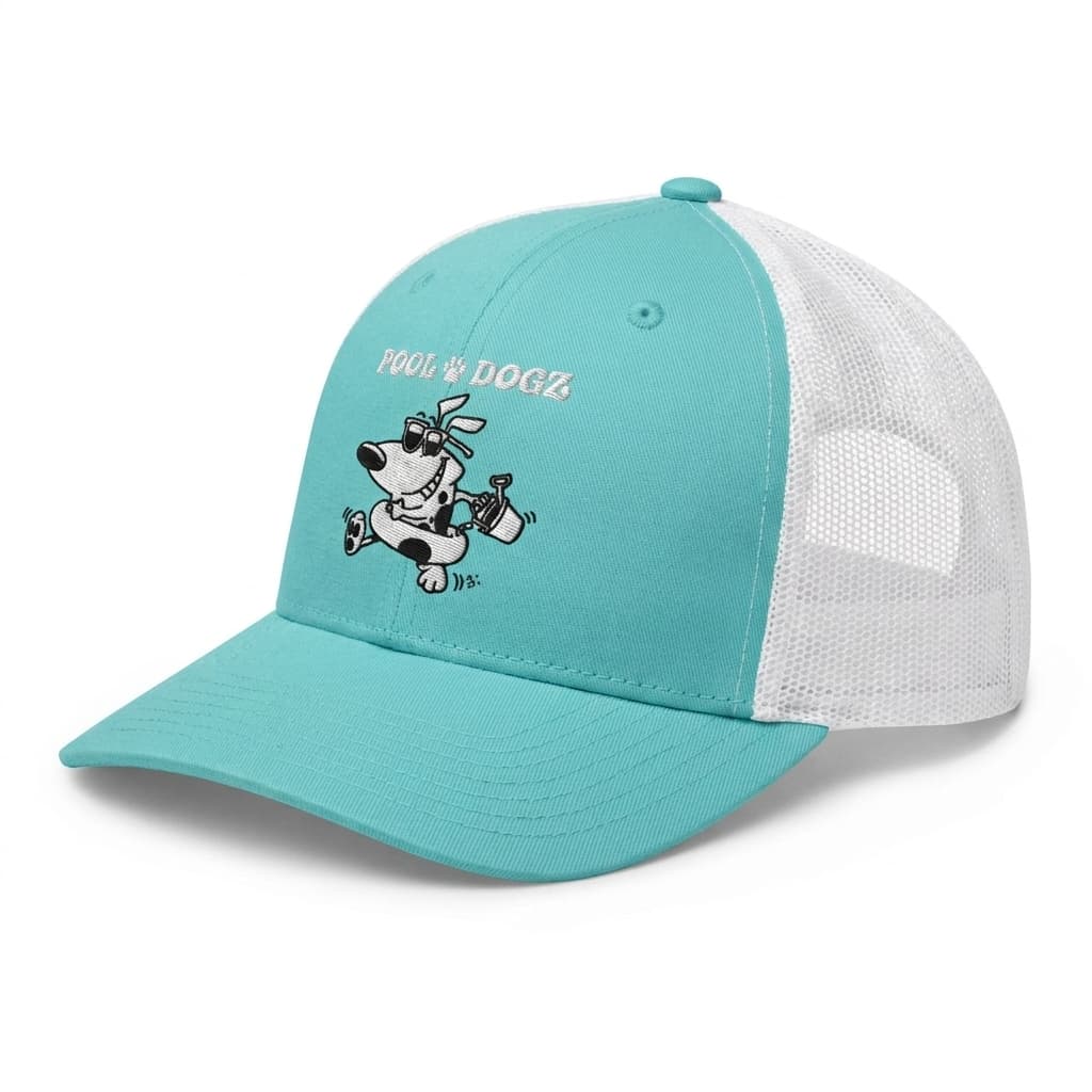 Aqua and white trucker cap with embroidered Pool Dogz logo