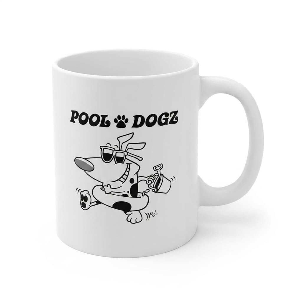 White ceramic mug with the Pool Dogz logo