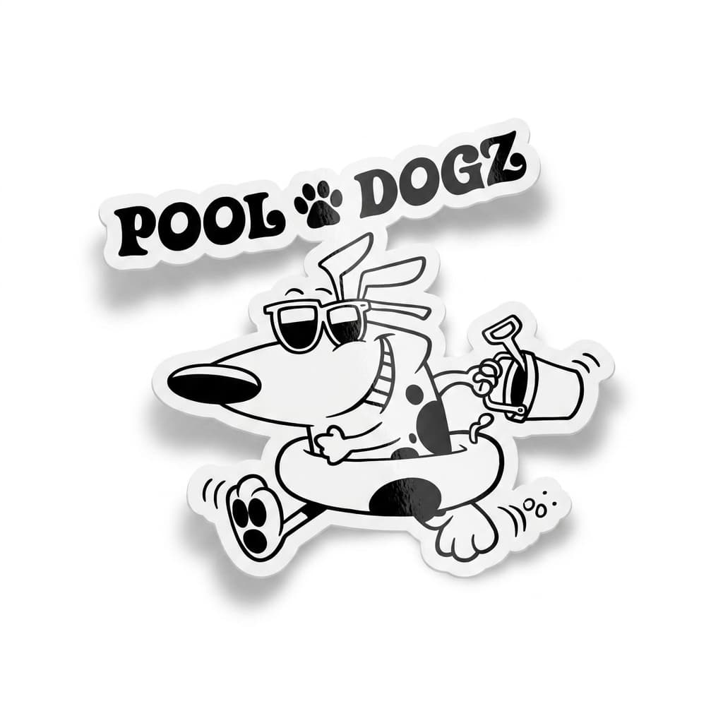 Die-cut vinyl sticker of the Pool Dogz mascot