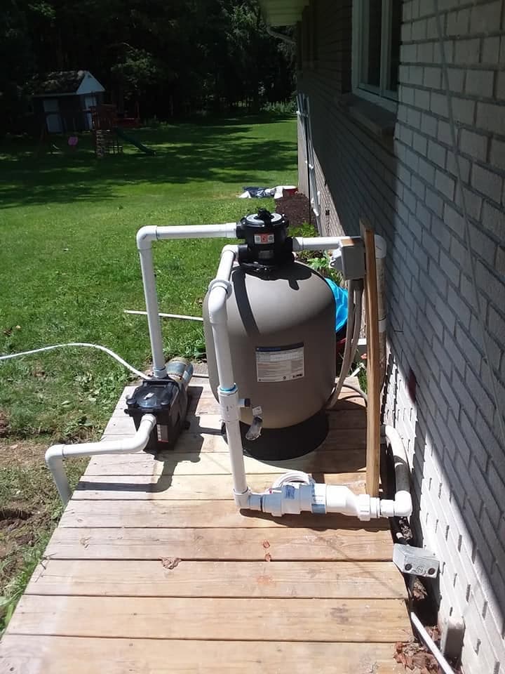 Brand-new pool pump and sand filter system plumbed in beside the house