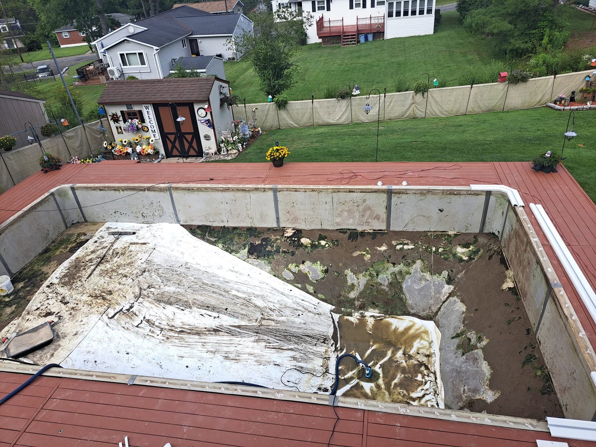 Pool before: 50-year-old faded, stained liner half removed in a gutted pool